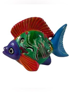 Mexican Folk Art Hand Painted Ceramic Fish Figurine 7” Puebla Style